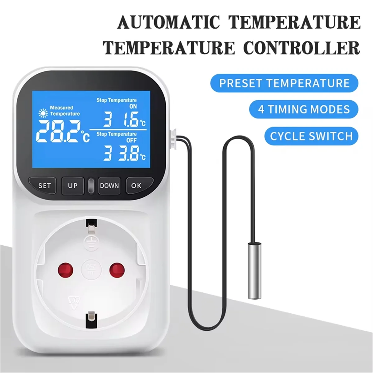 Digital Temperature Controller Socket Outlet Thermostat with Time Sensor Probe Heating Cooling Switch 16A EU Plug