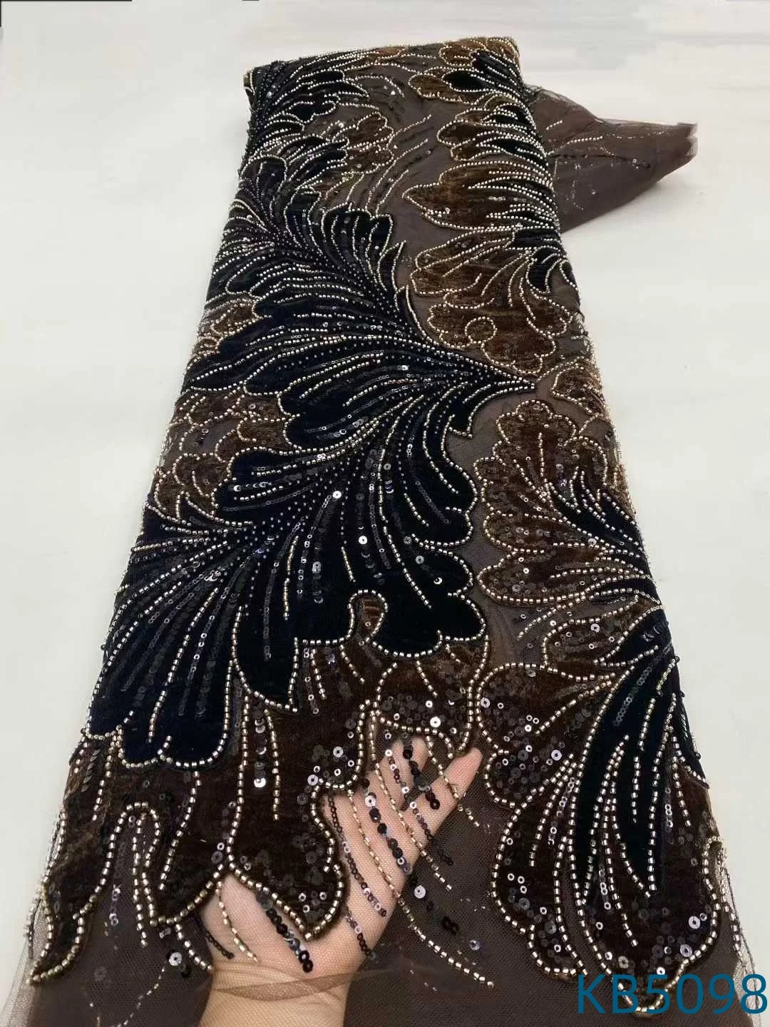 African Lace Fabric 5 Yards High Quality 2025 Velvet Sequins Embroidery Beaded French Mesh Tulle Lace Fabrics For Sewing KB5098