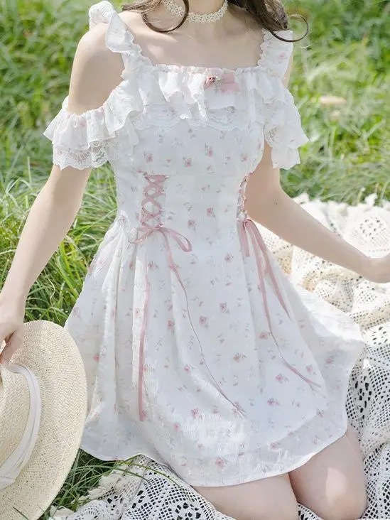 فستان ياباني حلو مكشوف الكتفين مزين بالزهور فستان نسائي موضة جديدة Kawaii Harajuku لوليتا فساتين جمالية جميلة ملابس خرافية