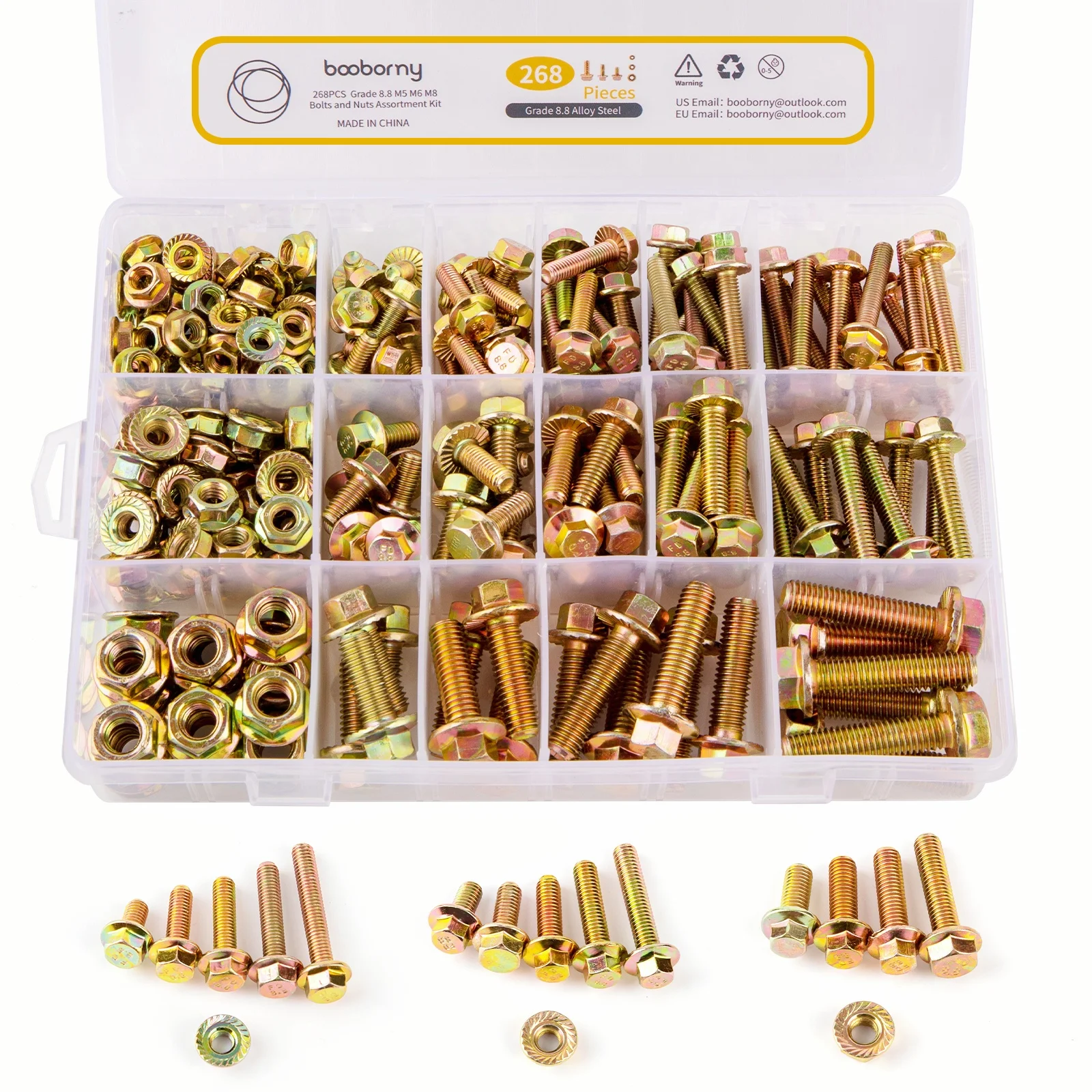 

Booborny, 268 шт., фланцевые метрические болты в ассортименте — класс 8,8, M5, M6, M8, комплект сверхмощных шестигранных болтов и гаек, желтый цинк Plati