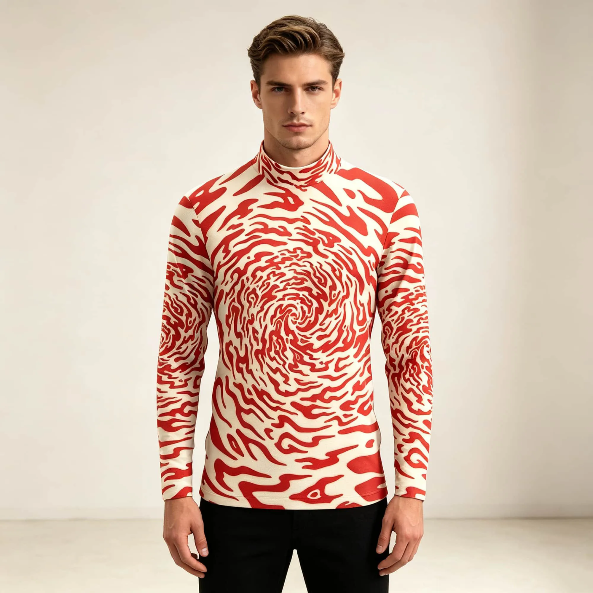 Trippy Abstract Wave Print Men Mock Neck Pullover Classic And Versatile Long Sleeve Tee Daily Urban Fashion Wear