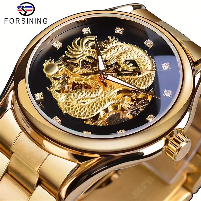 

Luxury Men's Automatic Mechanical Watch - Elegant Dragon-Shaped Design, Diamond-Encrusted Watch, Stainless Steel Strap, Smooth Movement, Business Casual Style Men's Watch, Perfect Gift for Him, No Battery Needed