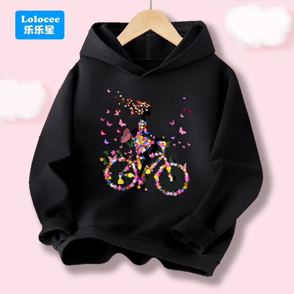 Lolocee Modischer Kapuzenpullover für Kinder, Blumenmädchen, Reiten, Fahrrad und Schmetterlingsdruck, Mädchenoberteile, künstlerisches Kinder-Kapuzenpullover DCHD1