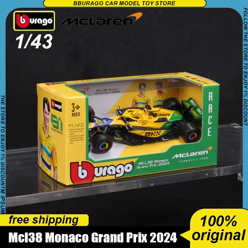 In Stock Bburago 1:43 Mclaren Mcl38 Monaco Grand Prix 2024 F1 Alloy Miniature Diecast Model #4 #81 Lando Norris Car Toys Gift