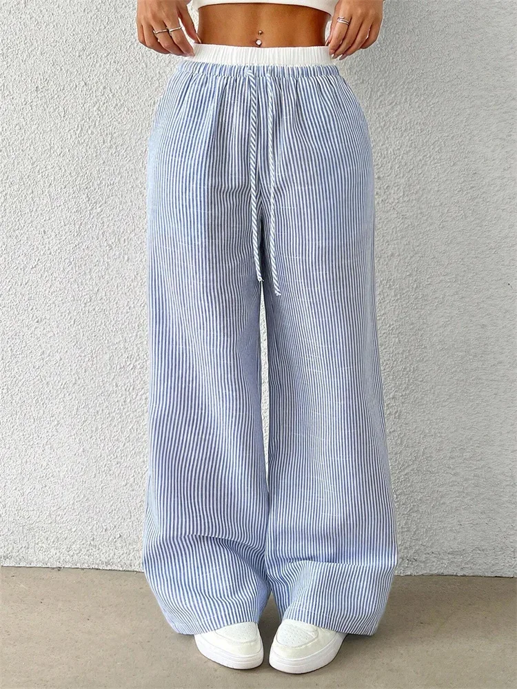 Women's Casual Striped Woven Wide Leg Pants Fall Winter 2025Casual Stylish Full Length Trousers Y2K Clothes Streetwear