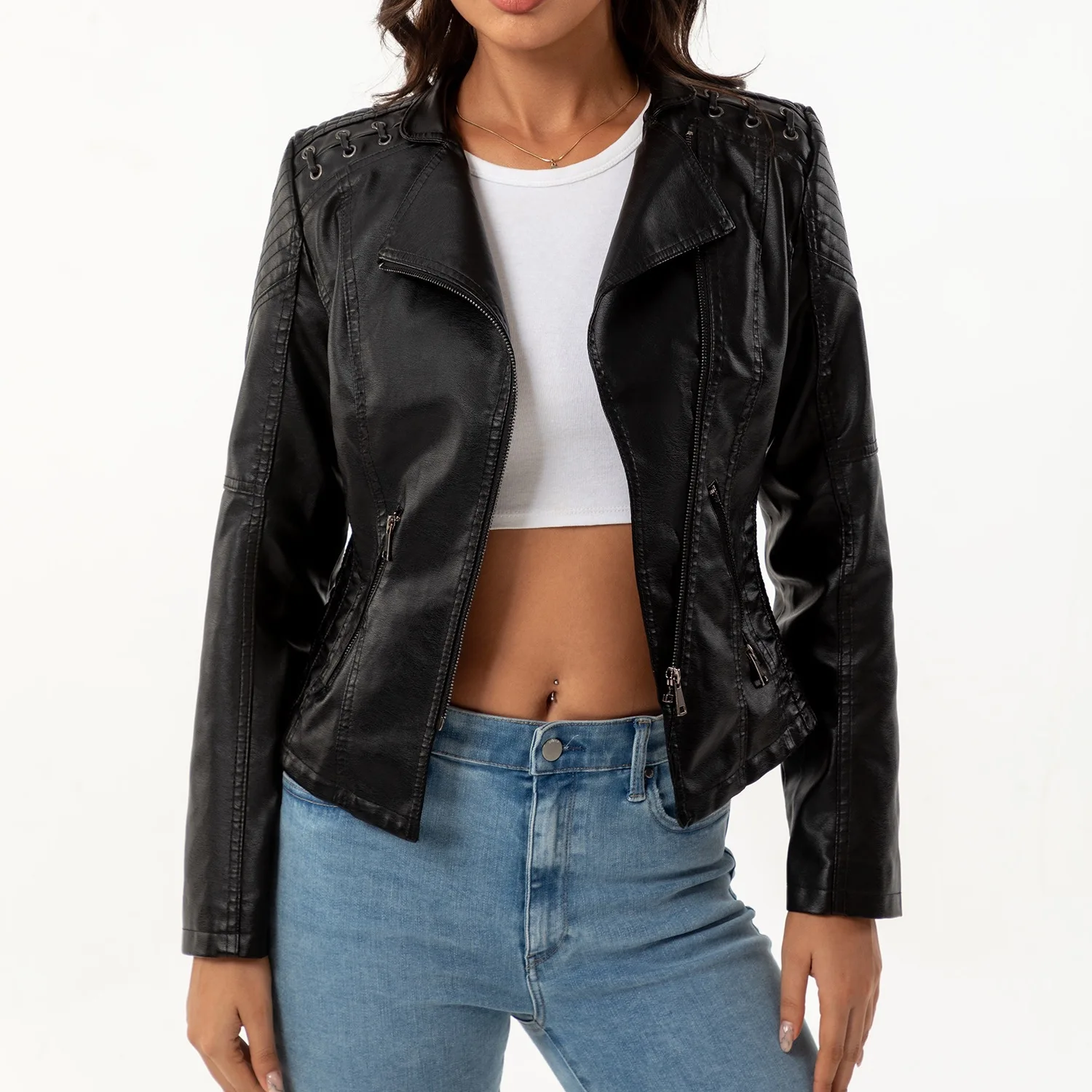 Artificial Autumn Women's Leather Jacket Turn Down Colar Zipper Cinched Waist Slim Outwear For Lady Female's Motorcycle Jacket