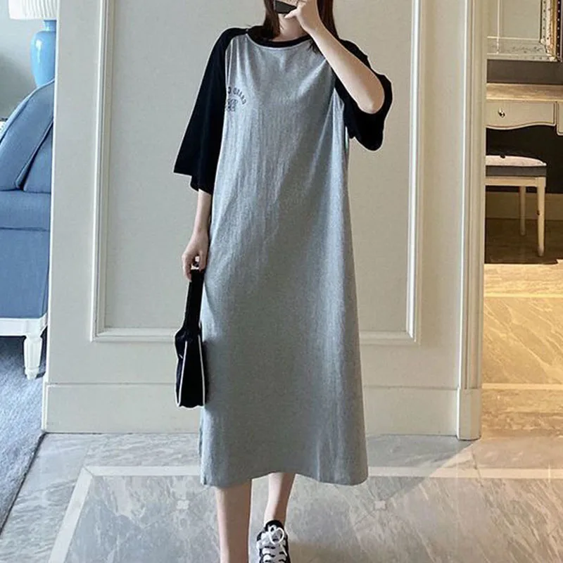 Big Size Young Style Summer Women's Clothing Pullover Dress Midi Loose Korean Round Neck Patchwork Panelled Raglan Tshirt Dress