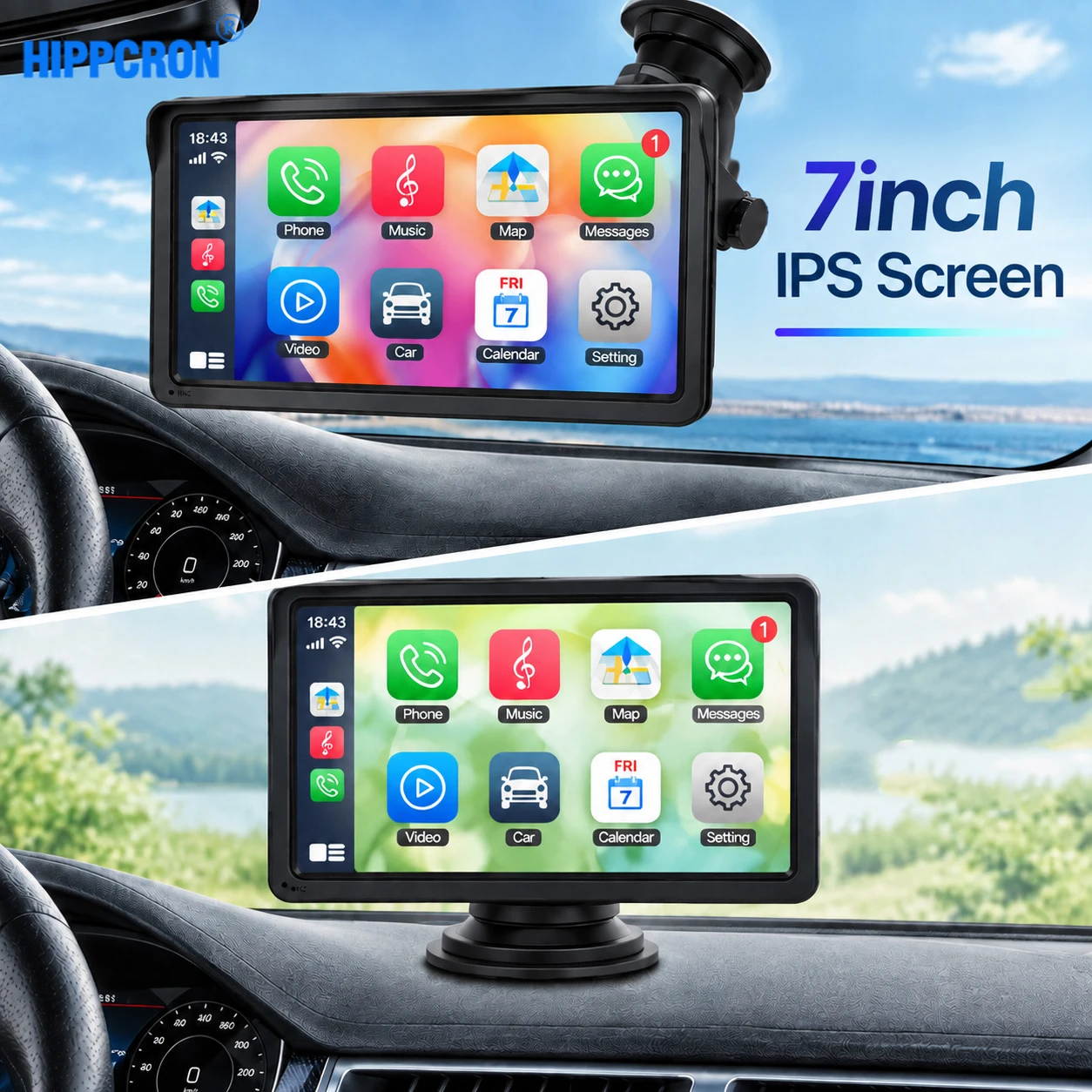 Hippcron 7 Inch GPS Navigation Wireless CarPlay Android Auto IPS Touch Screen Car Multimedia Player Portable 12-24V Radio Audio