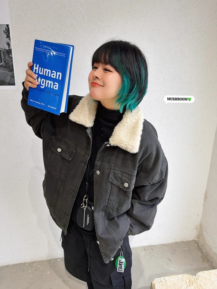 

Musoom Head Miss Winter New Sle Retro Casual Cotton Lined Denim Jaet Women's Loose Fit Zipper Closure Color Coat