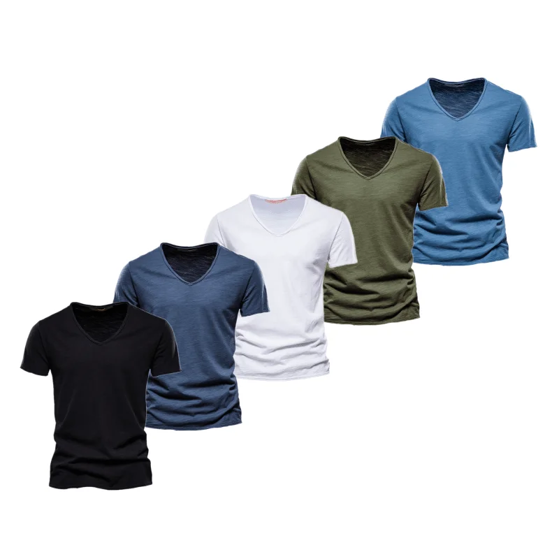 

AIOPESON 5 PCS SET 100% COTTON V-neck T-shirts Men Casual Slim Fit Solid Color Summer T Shirt for Men Brand New Quality