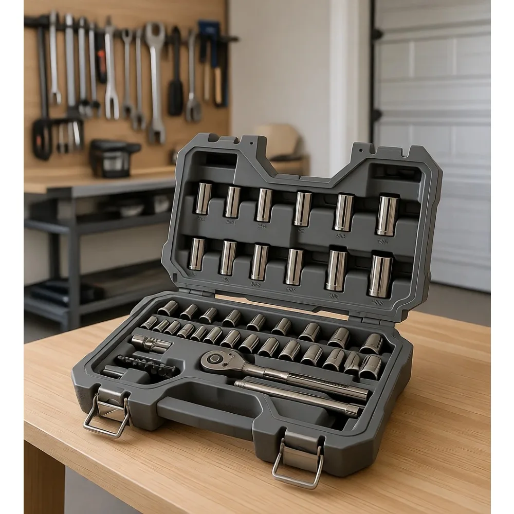 

49 Piece Gunmetal Chrome Mechanics Tool Set with SAE and Metric Sockets and Hard Case