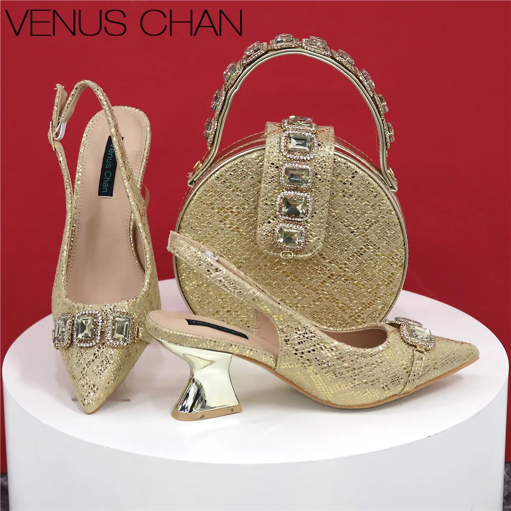 2024 italian Fashion breathable Lace fabric Women Heels Golden Shoes And Bag Full Rhinestone tassels Party HandBag