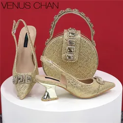 2024 italian Fashion breathable Lace fabric Women Heels Golden Shoes And Bag Full Rhinestone tassels Party HandBag