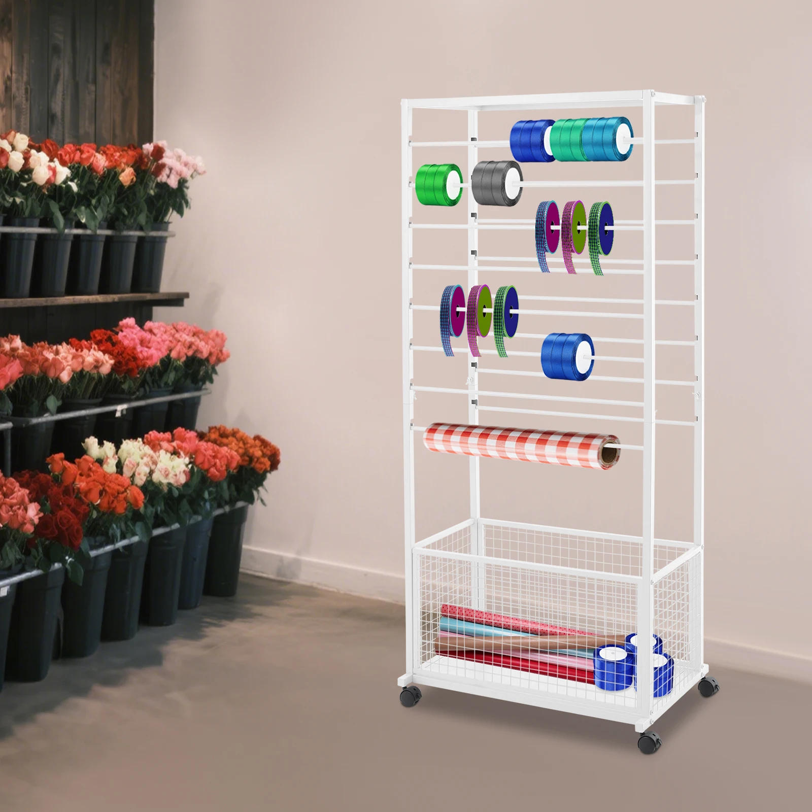 Retail Counter Display Rack, 16-Layer Ribbon and Flower Wrap Holder, Large Storage W/ Top Shelf, White Metal Organizer For Shops
