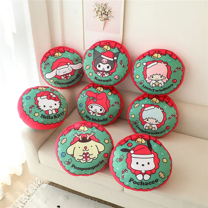 

Sanrio Kawaii Hello Kitty Christmas Wreath Series Doll Nap Cushion Kuromi My Melody Anime Cartoon Fashion Exquisite Round Pillow