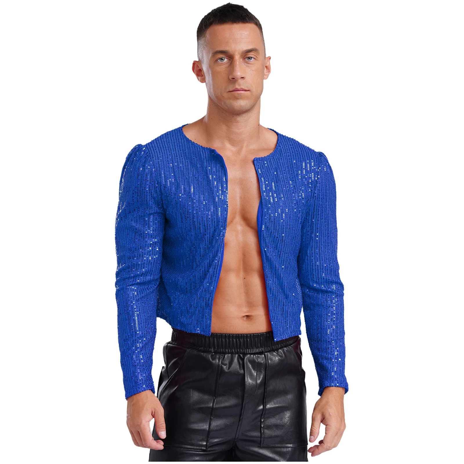 

Mens Sparkling Sequin Jacket Cardigan Shiny Long Sleeve Open Front Coat for Jazz Dance Music Festival Disco Party Night Club