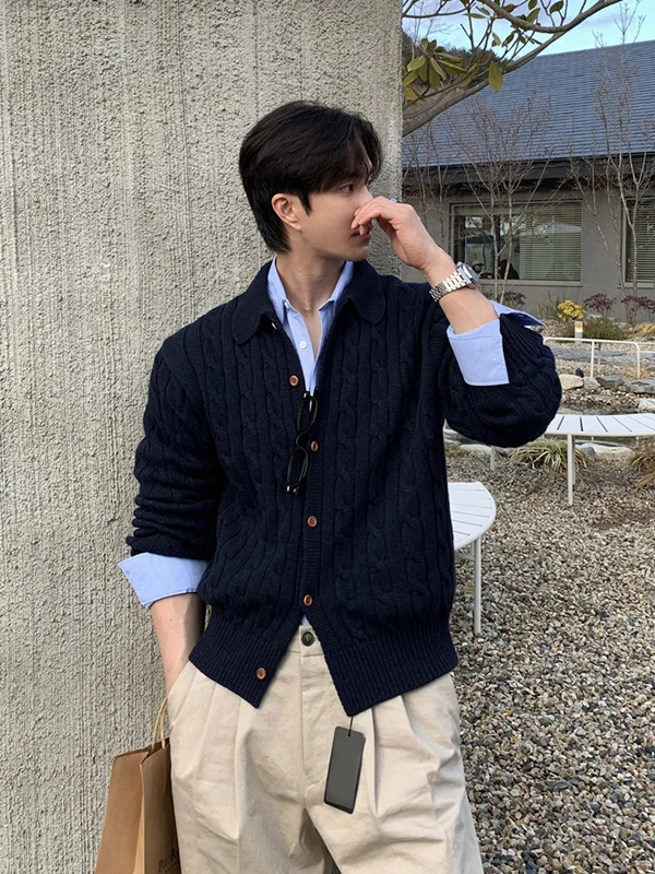 

Повседневный свободный мужской вязаный свитер, винтажный корейский модный элитный льняной узор, вязаный открытый кардиган