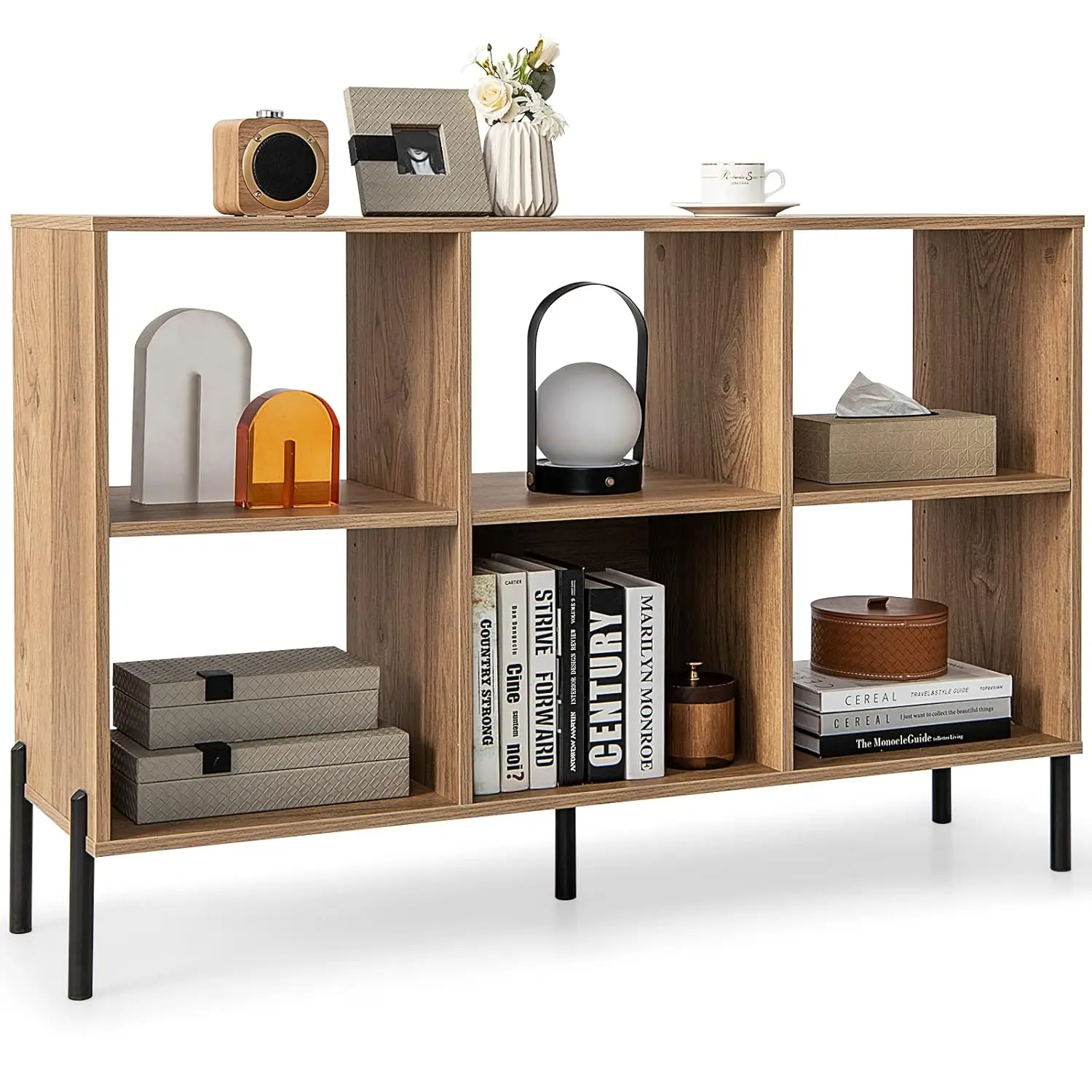 

6 Cube Bookcase, 3-Tier 47" Long Wood Bookshelf w/ 5 Metal Legs, Adjustable Shelf, Anti-toppling Device, 31.5" Tall, Customized