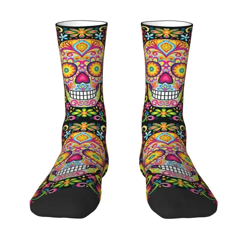 Cool Day Of The Dead Sugar Skull Socks Women Male Men Breathable Warm 3D Print Halloween Mexican Flowers Sports Basketball Socks