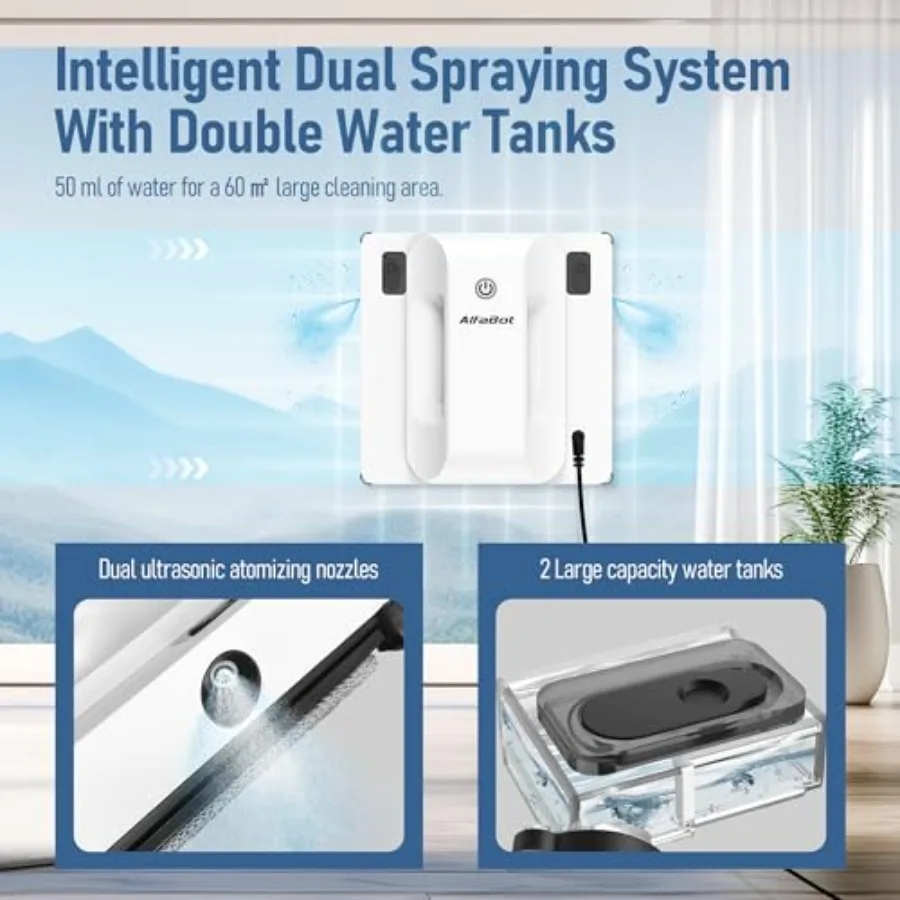 Robot de nettoyage de vitres avec double système de pulvérisation d'eau, planification avancée de chemin Intelligent pour un nettoyage efficace, aspiration forte de 2800 Pa