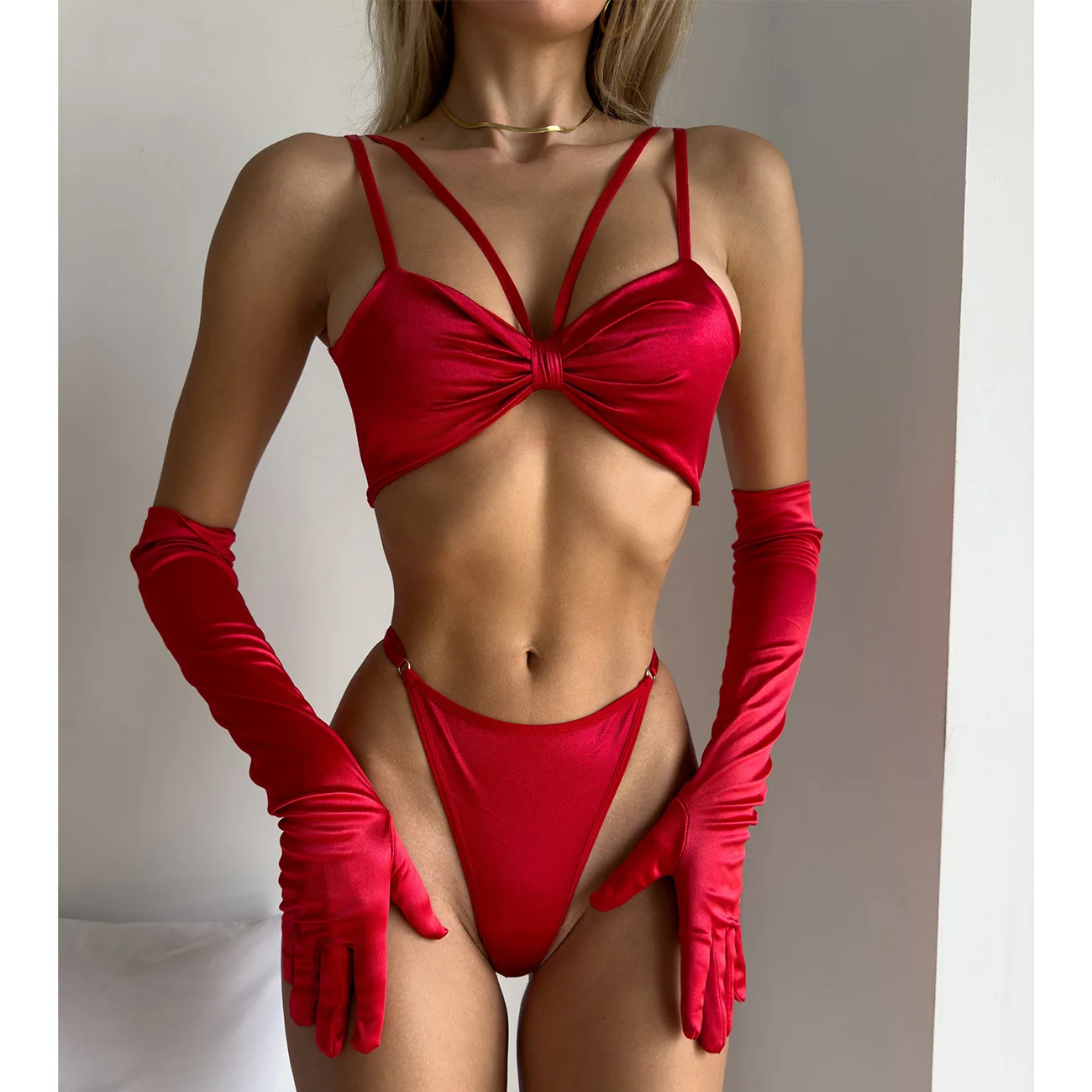 

Women 3Piece Satin Silk Underwear Set Ruched Bust Hollowed Bra with High Briefs +Gloves Nightwear for Valentine's Day
