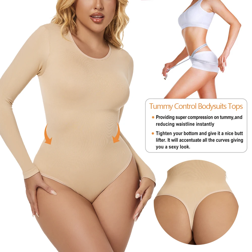 Long Sleeved Bodysuits Thong Shapewear Women Seamless Slim Tummy Control Underwear Belly Underbust Corset Female Clothing Autumn