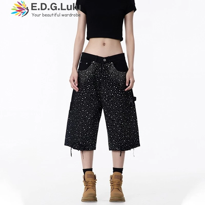 

EDGLuLu 2025 Summer New Fashion Loose Straight Leg Pants Street Low Waist Diamond Studded Denim Five Quarter Pants 0625