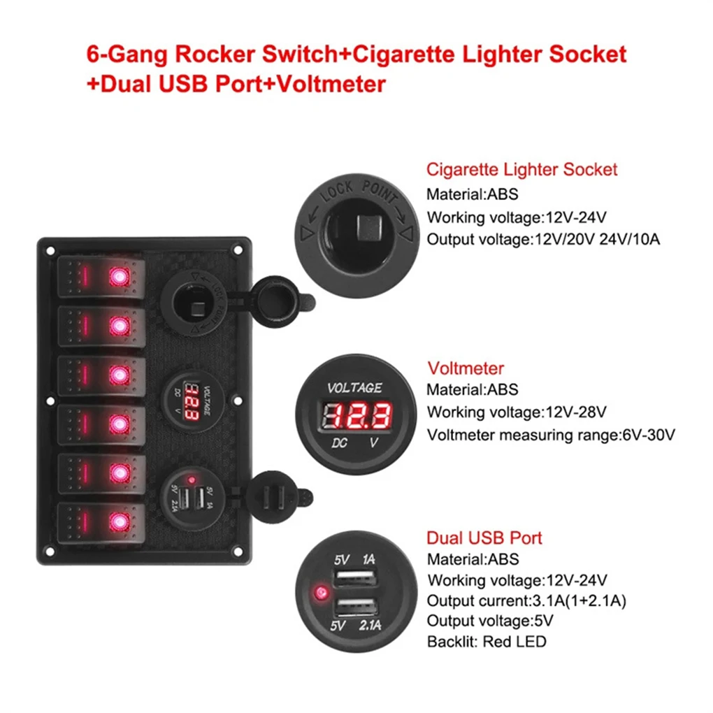 ABS Marine Gang Switch Panel With Dual USB Chargers 0 USB Chargers 3.0 Control Panel 6 Gang Switch