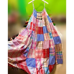 Gypsy Hippie Spaghetti Strap Spliced Tartan Plaid Wura Long Midi Dress Beach Vintage Retro Ibiza Stylish Streetwear Sundress