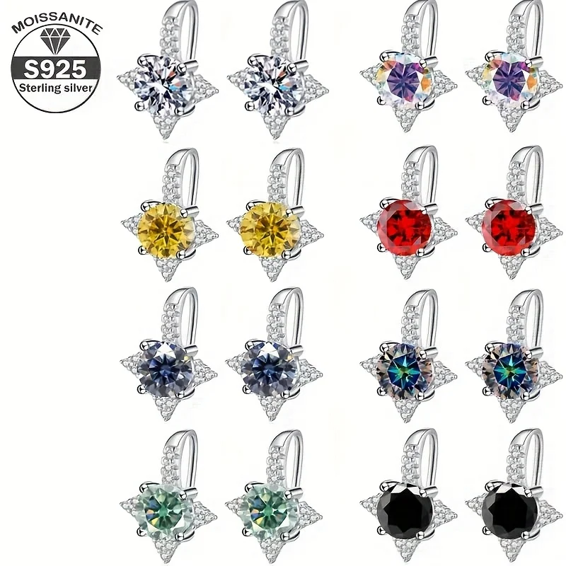 

0.5ct Color S925 Sterling Silver Earrings Moissanite Earrings Light Luxury Temperament Eight-pointed Star Ear Hooks One Carat D