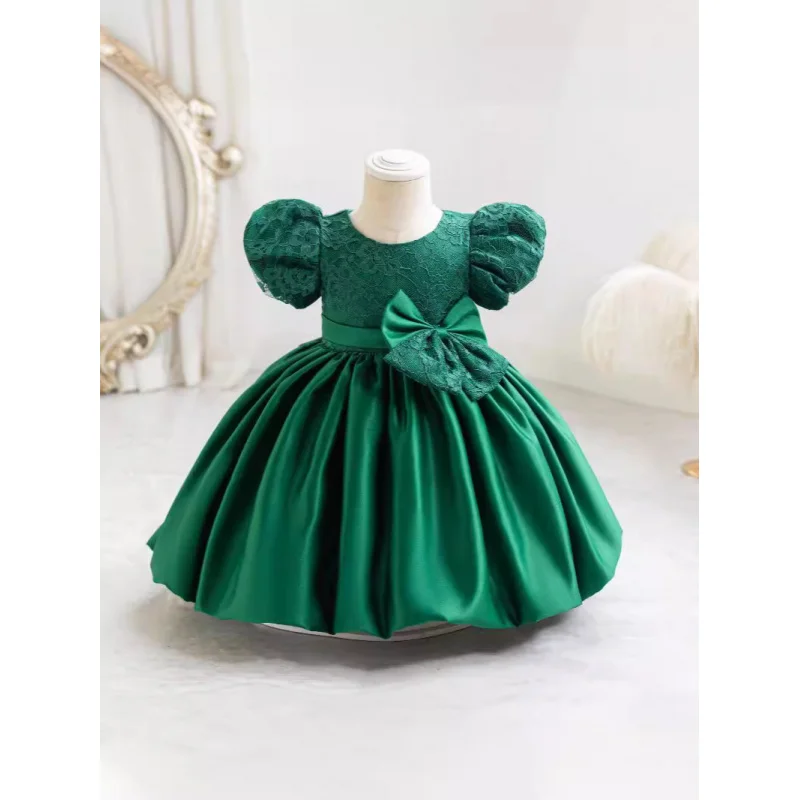 girls gownFirst Birthday Dress Children's Princess Dress Puffy Dress Satin Fabric Bowknot Puff Sleeve Dress