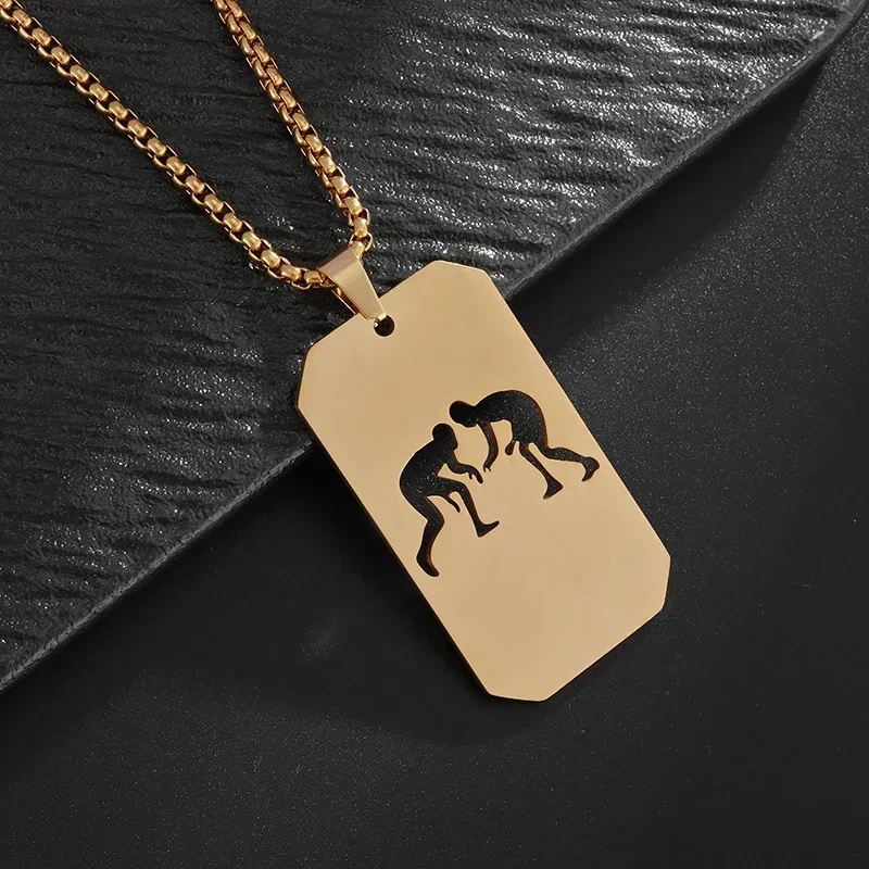 Stainless Steel Hollow Double Wrestling Silhouette Pendant Necklace Men's and Women's Sports Event Medal Accessories