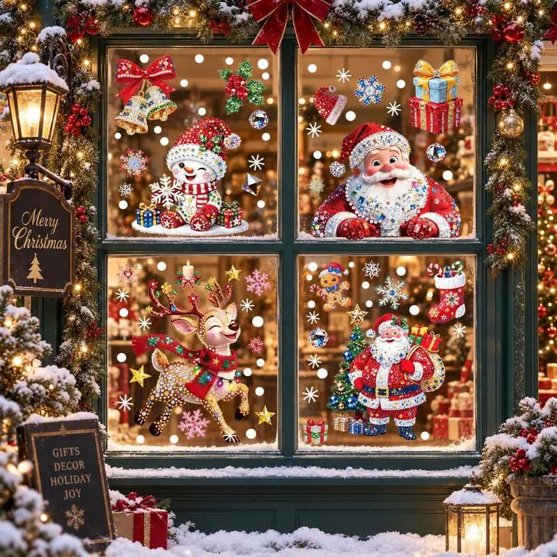 Christmas Window Stickers Glow in Dark Snowman Santa Elf Pattern Non-toxic for Kids Room Mall Xmas Decor
