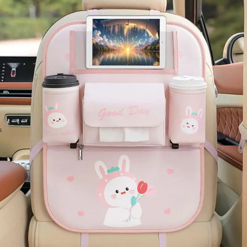 Car Seat Back Storage Bag Cute Cartoon Multi-Pocket Seat Back Organizer With mobile phone holder Water cup Bracket Hang Bags