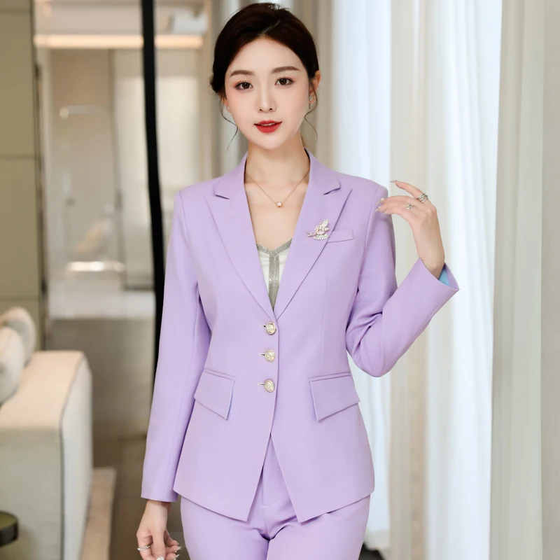 Ladies Office Elegant Purple High Quality Fabric Autumn Winter Women Business Professional Blazers with Pants and Jackets Coat