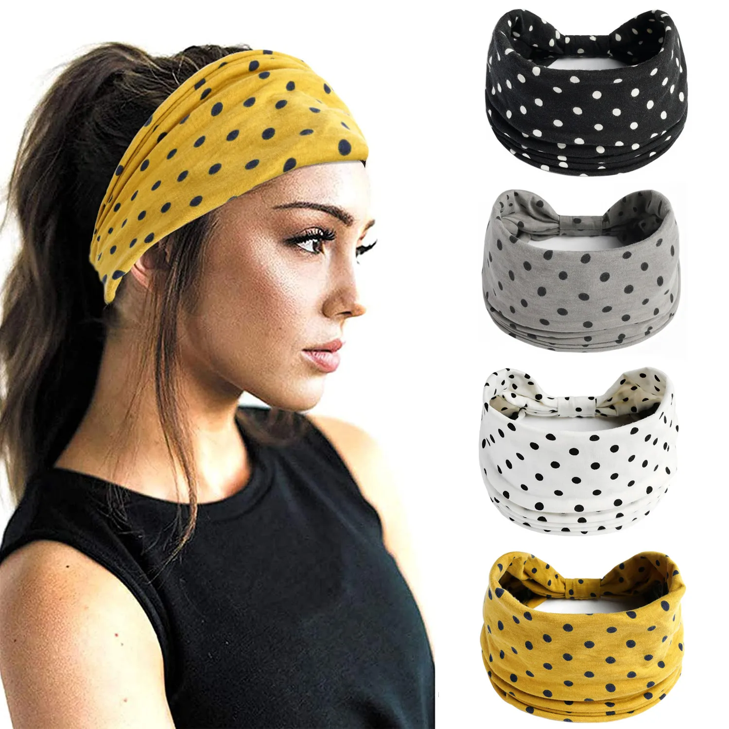 

Wide Headbands for Women Polka Dots Knotted Headwrap Turban Yoga Workout Head Bands Boho Stretch Cotton Bandana Hair Accessories