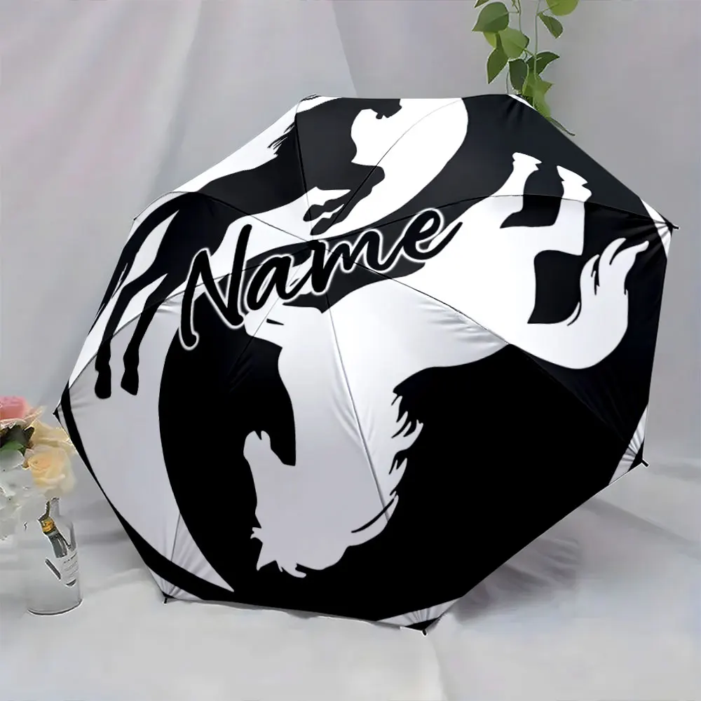 Custom Name Black and White Horse Design Umbrella Print 8 Iron Ribs Folding Umbrella, Auto-Open Fashion Sunshade