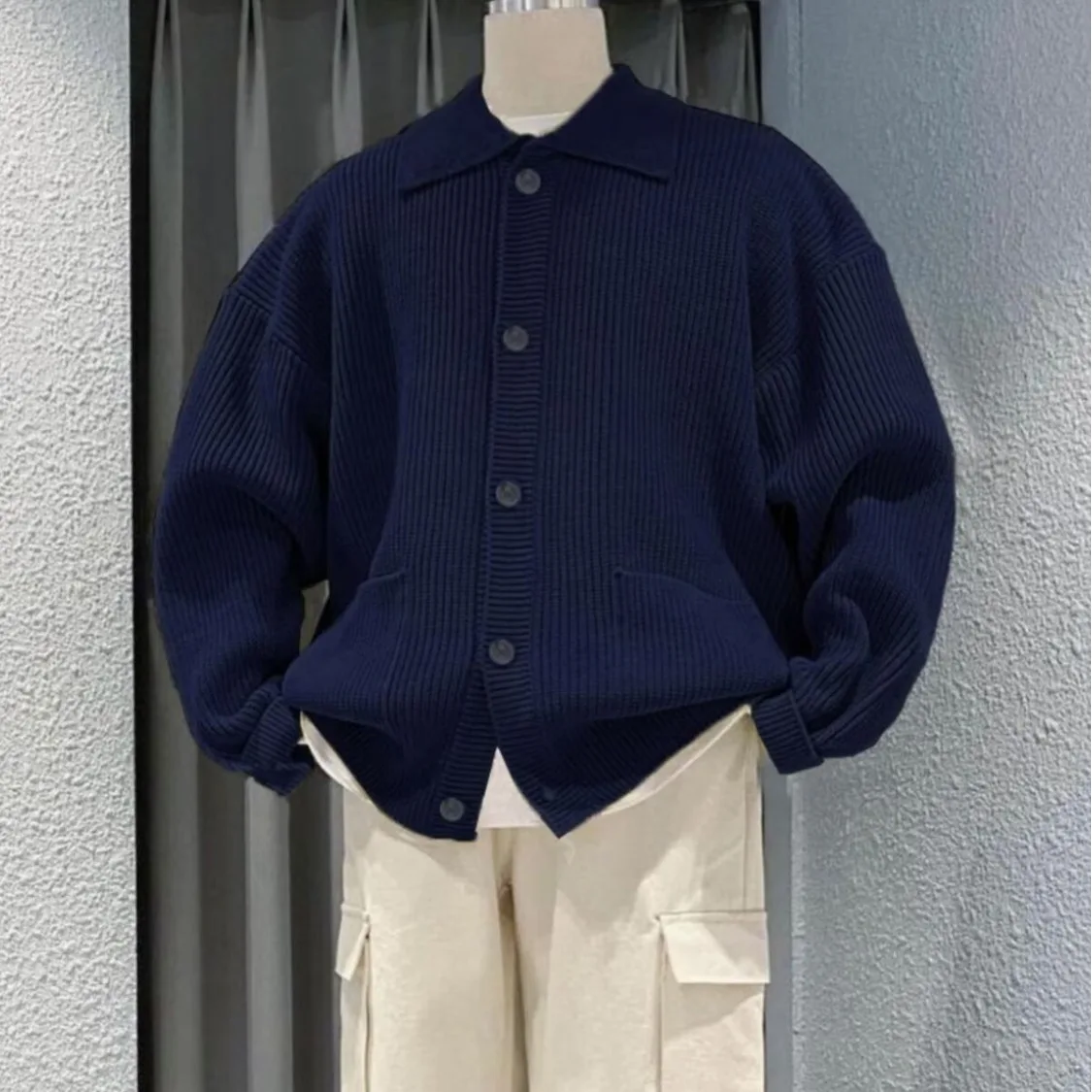 

Осень-зима, большой размер 250, свитер с воротником-стойкой, открытый кардиган, свободный синий теплый шерстяной верхняя одежда, топ для мужчин и женщин