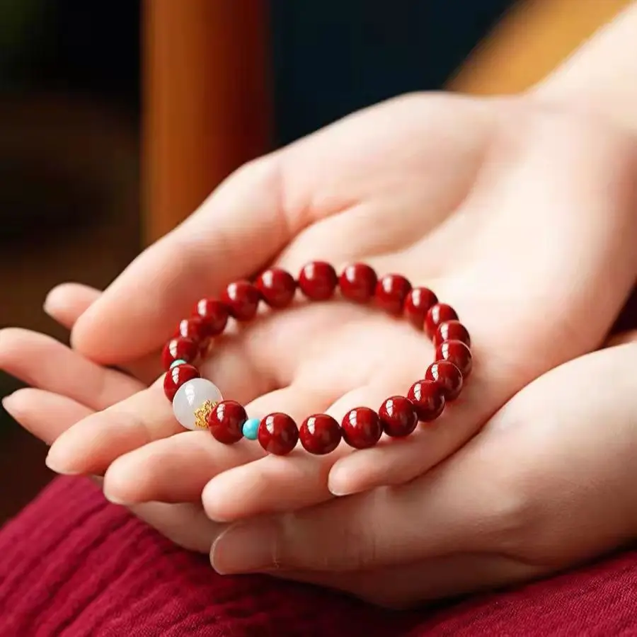 Natural Chinese Style Lucky Blessing Cinnabar Bracelet For Women Men High Purity Purple Gold Cinnabar Hetian Jade 6mm 8mm 10mm
