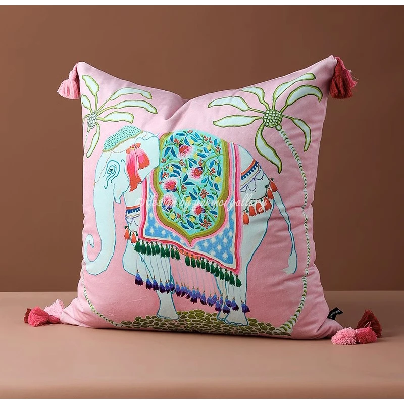 GUVINCI Bohemian Chinoiserie Elephant Decorative Pillow Case Velvet Cushion Cover Special Piece Brings Good Luck To Your Space