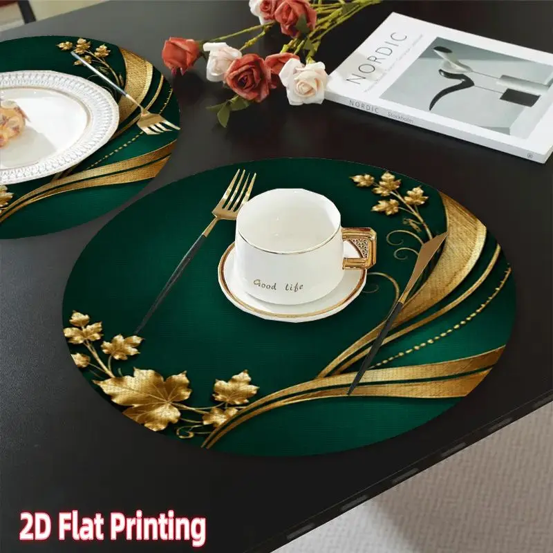 VIKAMA Christmas Placemat Green Gold Floral Pattern Placemats Set Linen Table Mat Dining Kitchen Holiday Party Decor