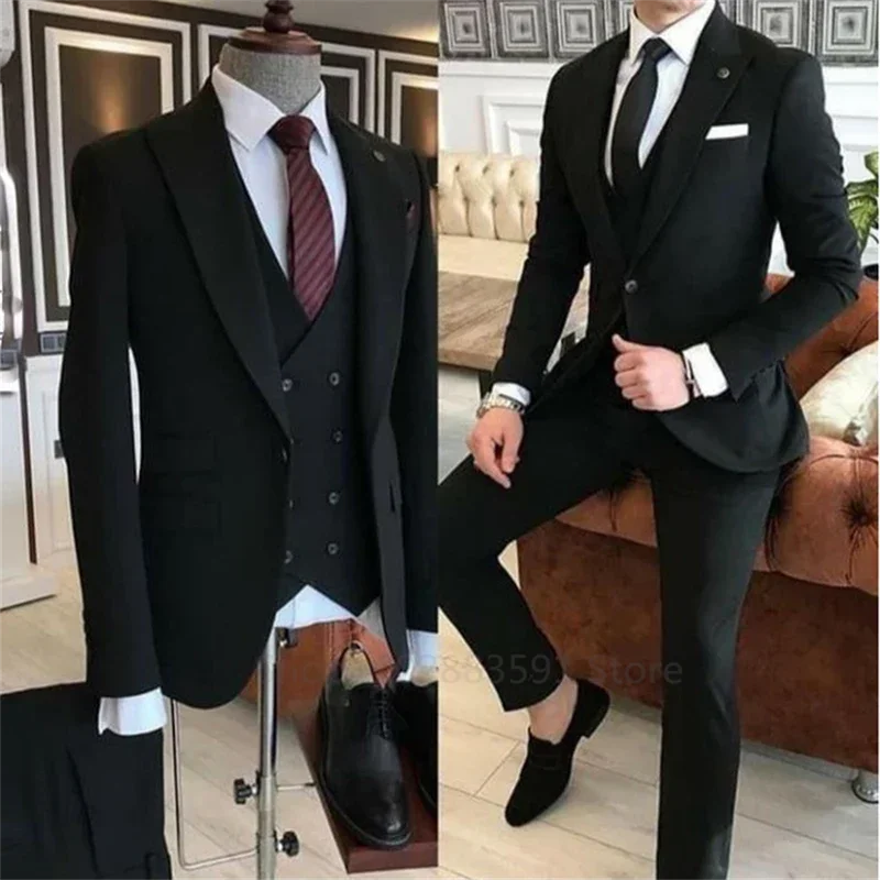 3 Pieces Groom Wear Green Men Suits Slim Fit Peak Lapel One Button Wedding Tuxedo Terno Masculino (Jacket+Pants+Vest+Tie）