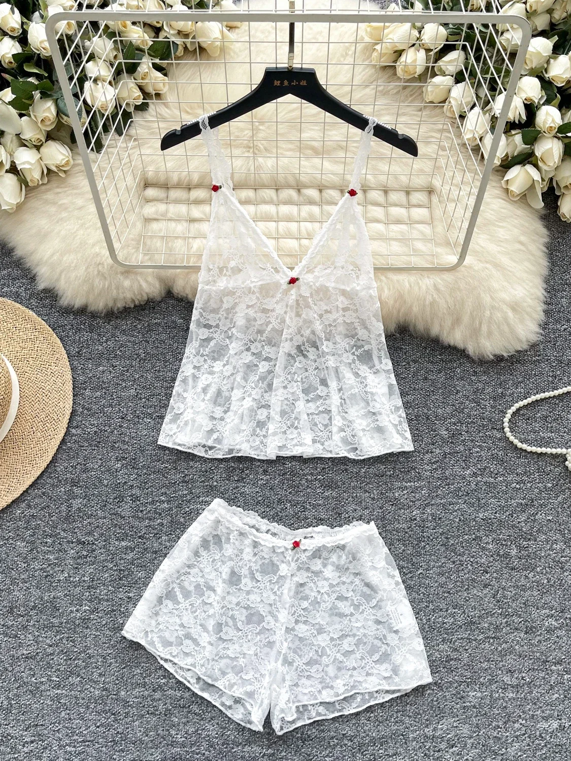 

SsTss Y2K Sexy 2 Piece Set Low-Rise Suspender Lace Bodysuit + High Waist Baggy Shorts Summer Translucent Lace Clothing