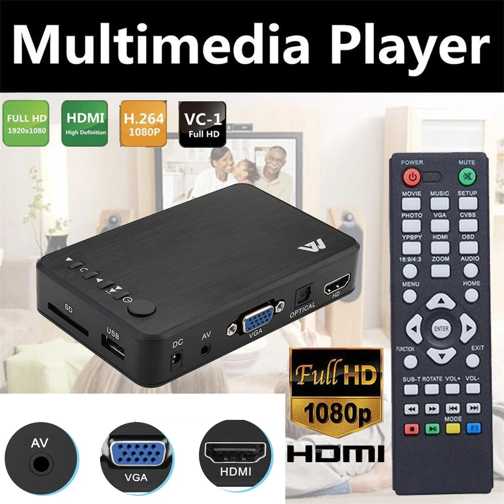 

Portable Full HD Multimedia Player 4K Video Player 1080P H.264 AV/HD-MI/VGA Output USB External HDD Media Player For MKV RMVB