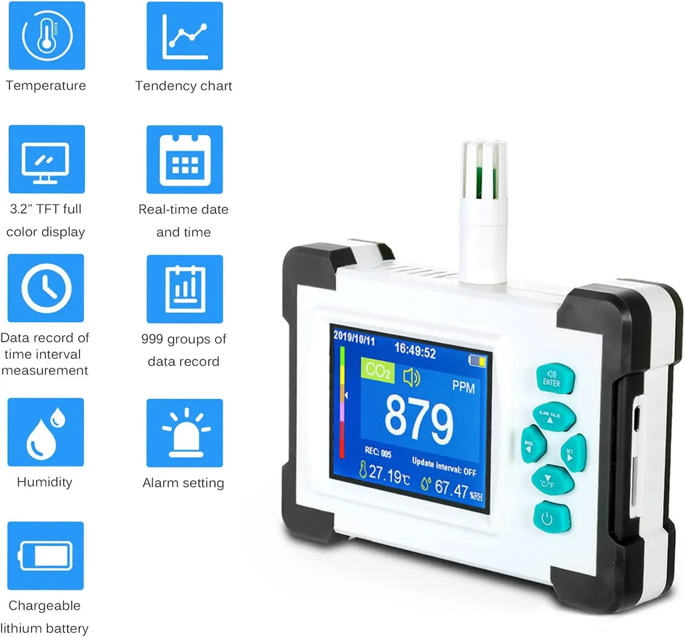 Monitor Portátil da Qualidade do ar Analisador do Gás Co2 Monitor Detector das Vendas Hcho Pm2.5 Tvoc Aqi Umidade Poeira Medidor de Partículas