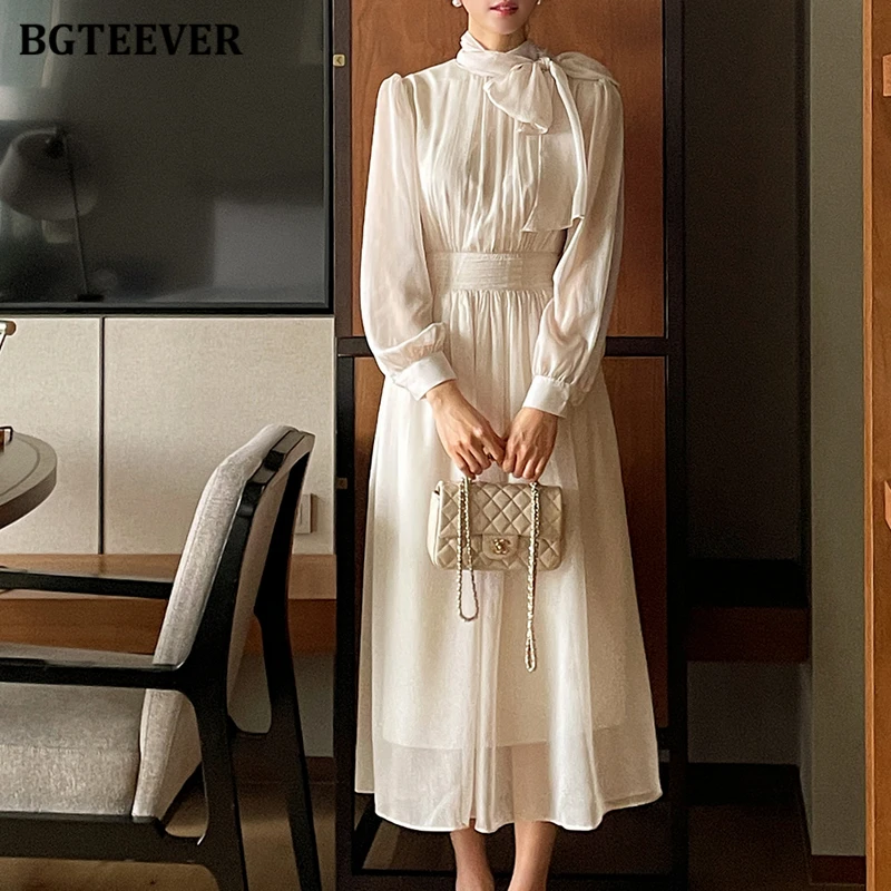 

BGTEEVER Elegant Long Sleeve Female A-line Dress Spring Slim Waist Women Mid-Length Dress Ladies Vestidos