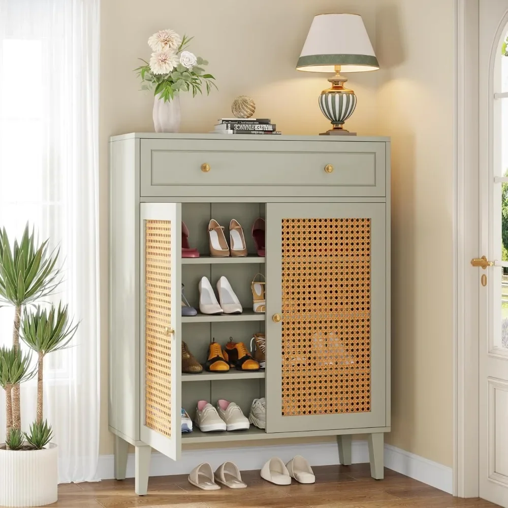 Shoe Cabinet with Doors and Drawer, Modern 5 Tiers Shoe Storage Cabinet with Adjustable Shelf, Mint Green Rattan Shoes Cabinet