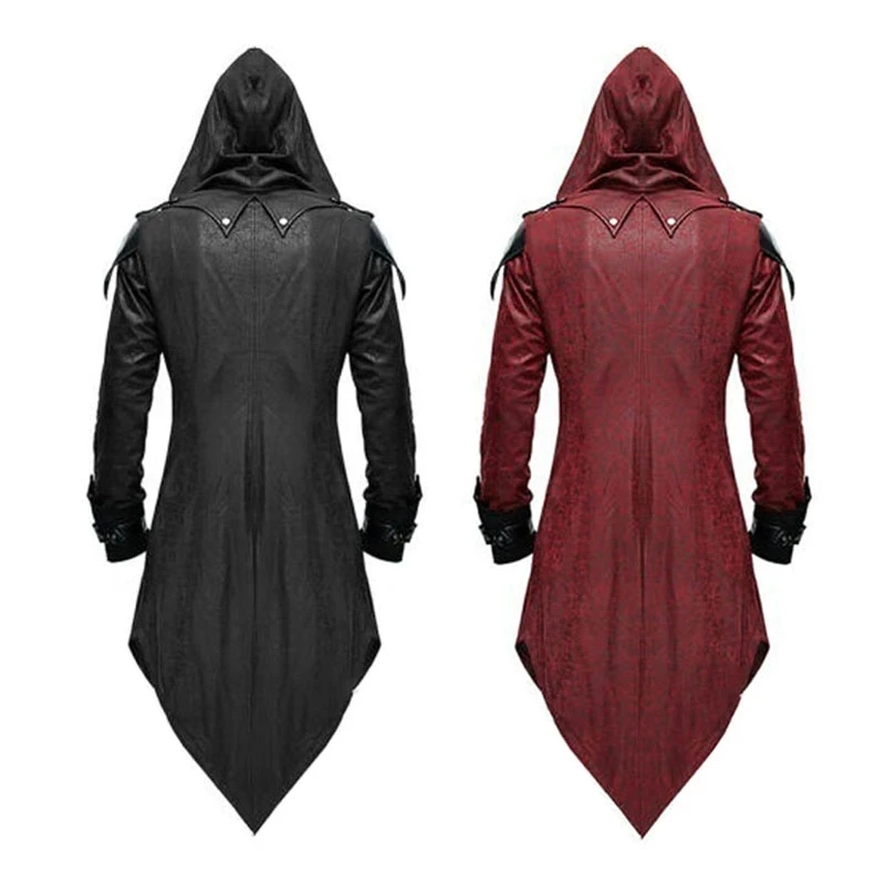 Medieval Gothic Tuxedo Trench Coat with Folding Collar, Retro Patchwork Jacket, PU Leather Hooded Coat, Punk Assassin Costume