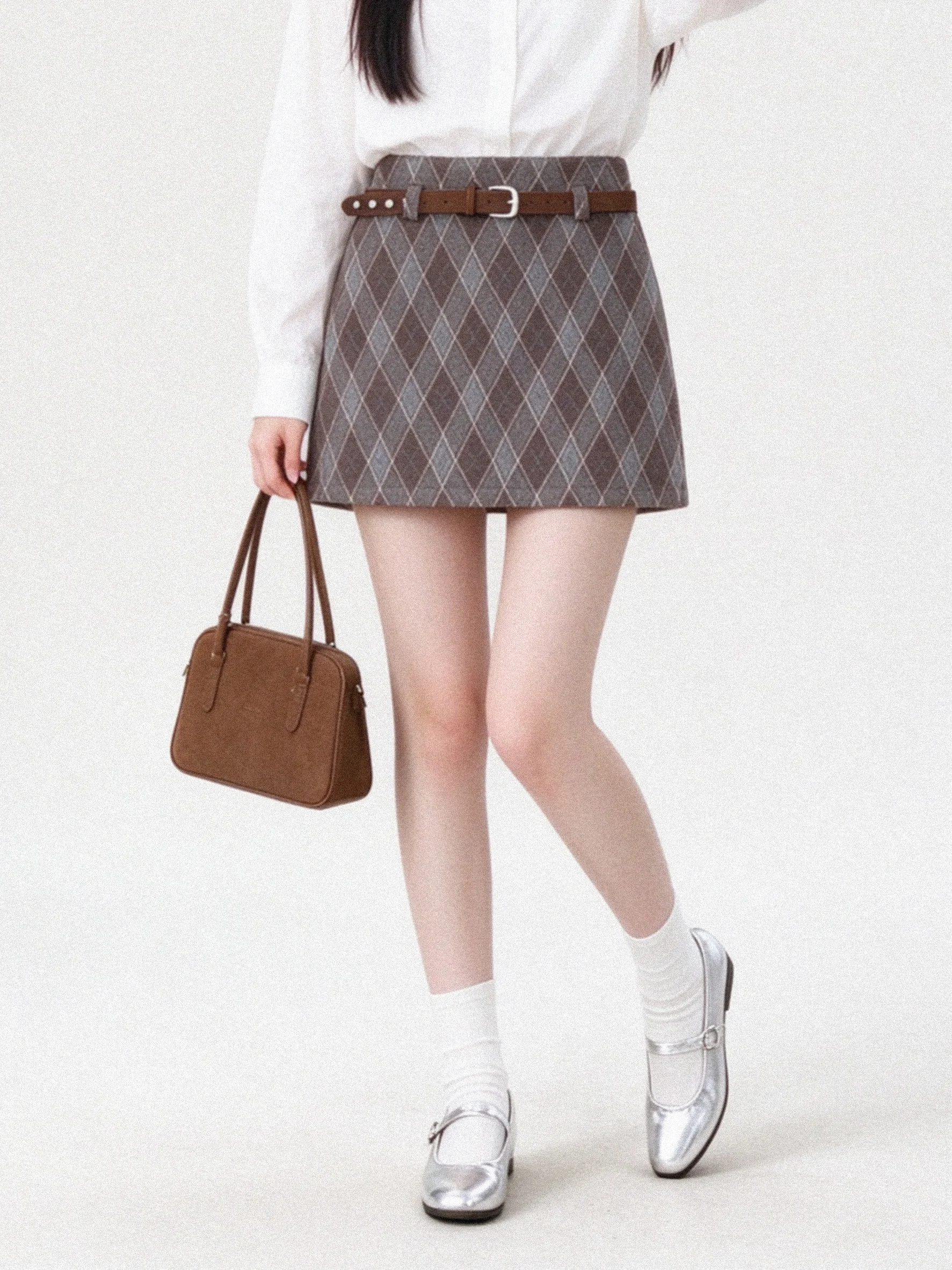 High Waist Korean Style A-Line  Skirt Woolen Diamond Grid Autumn Winter Slimming Short Skirt College Style Fashionable
