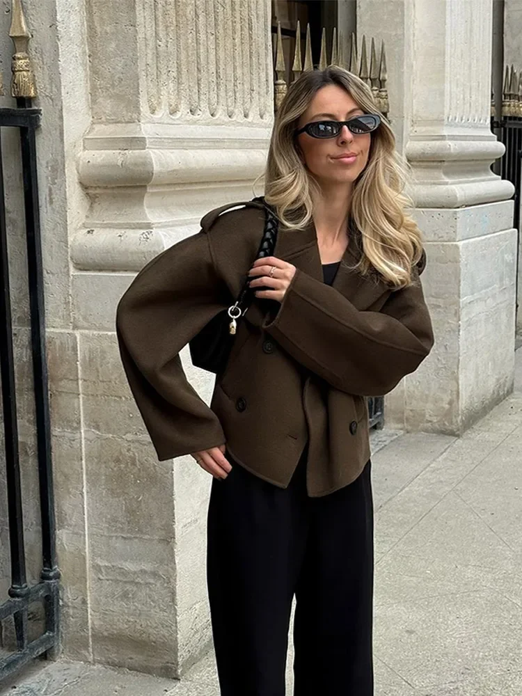 Schnürmantel aus Wolle für Damen, Umlegekragen, zweireihig, Epaulet-Tasche, solide Damenmäntel, elegante klassische Mäntel für Damen